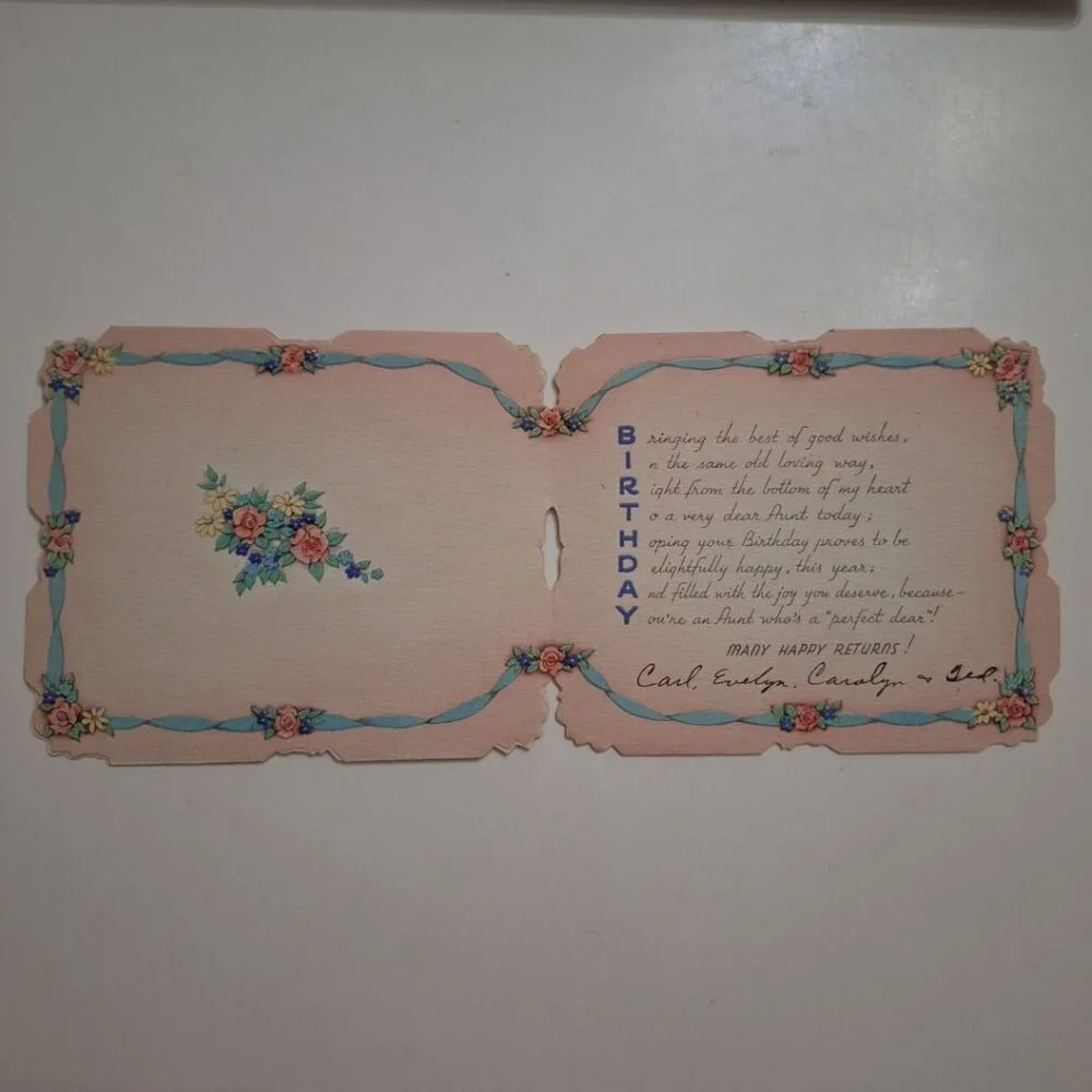 Vintage Birthday Card Aunt Wishes‎ Floral Folded Embossed Signed Junk Journal